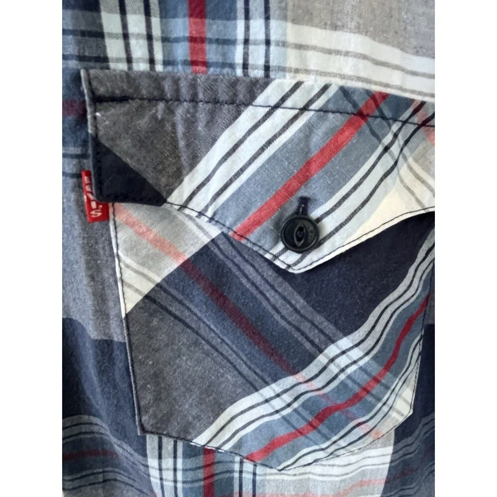 Levi's Men's  Polo Shirt XL  Plaid Blue White Short Sleeve Button-down Cotton